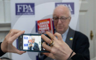 Denis MacShane, former Labour minister, talk and book launch at an FPA event, The Royal Overseas League, London, UK.