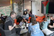 UK reaches for scale of US campus protests.
Students who occupy the library at Goldsmiths, University of London.