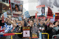 Enough Is Enough Pro Israeli counter protest facing a pro Palestine march through central London, UK.