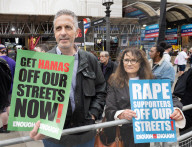 Enough Is Enough Pro Israeli counter protest facing a pro Palestine march through central London, UK.