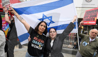 Enough Is Enough Pro Israeli counter protest facing a pro Palestine march through central London, UK.