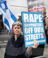 Enough Is Enough Pro Israeli counter protest facing a pro Palestine march through central London, UK.
