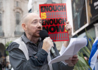 Enough Is Enough Pro Israeli counter protest facing a pro Palestine march through central London, UK.