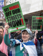 Enough Is Enough Pro Israeli counter protest facing a pro Palestine march through central London, UK.