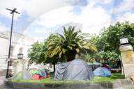 Pro-Palestinian protesters camped outside Hackney Town Hall, London, UK.