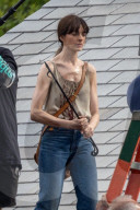 *EXCLUSIVE* Anne Hathaway films intense rooftop scene for "Flowervale Street" in Atlanta!