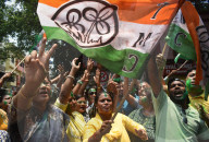Trinamool Congress Party (TMC) Members Cheer During Lok Sabha Election Result In Kolkata, India