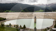 Drone View Of Reschensee Lake Drained for Alpine Road Construction