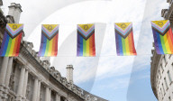 100 Intersex-Inclusive Pride flags designed by Valentino Vecchietti installed above Regent Street , London, UK. 