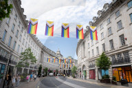 100 Intersex-Inclusive Pride flags designed by Valentino Vecchietti installed above Regent Street , London, UK. 