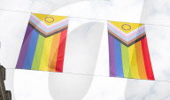 100 Intersex-Inclusive Pride flags designed by Valentino Vecchietti installed above Regent Street , London, UK. 