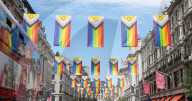 100 Intersex-Inclusive Pride flags designed by Valentino Vecchietti installed above Regent Street , London, UK. 