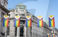 100 Intersex-Inclusive Pride flags designed by Valentino Vecchietti installed above Regent Street , London, UK. 