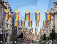 100 Intersex-Inclusive Pride flags designed by Valentino Vecchietti installed above Regent Street , London, UK. 