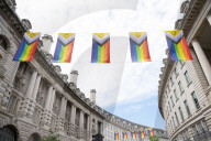 100 Intersex-Inclusive Pride flags designed by Valentino Vecchietti installed above Regent Street , London, UK. 