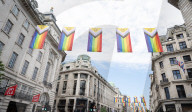100 Intersex-Inclusive Pride flags designed by Valentino Vecchietti installed above Regent Street , London, UK. 