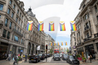 100 Intersex-Inclusive Pride flags designed by Valentino Vecchietti installed above Regent Street , London, UK. 
