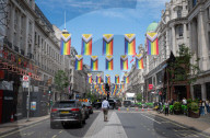 100 Intersex-Inclusive Pride flags designed by Valentino Vecchietti installed above Regent Street , London, UK. 