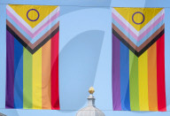 100 Intersex-Inclusive Pride flags designed by Valentino Vecchietti installed above Regent Street , London, UK. 