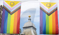 100 Intersex-Inclusive Pride flags designed by Valentino Vecchietti installed above Regent Street , London, UK. 