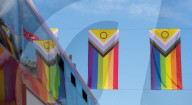 100 Intersex-Inclusive Pride flags designed by Valentino Vecchietti installed above Regent Street , London, UK. 