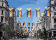 100 Intersex-Inclusive Pride flags designed by Valentino Vecchietti installed above Regent Street , London, UK. 