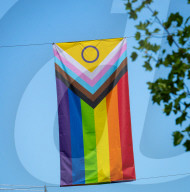 100 Intersex-Inclusive Pride flags designed by Valentino Vecchietti installed above Regent Street , London, UK. 