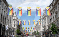 100 Intersex-Inclusive Pride flags designed by Valentino Vecchietti installed above Regent Street , London, UK. 