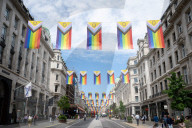100 Intersex-Inclusive Pride flags designed by Valentino Vecchietti installed above Regent Street , London, UK. 