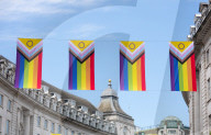 100 Intersex-Inclusive Pride flags designed by Valentino Vecchietti installed above Regent Street , London, UK. 