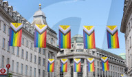 100 Intersex-Inclusive Pride flags designed by Valentino Vecchietti installed above Regent Street , London, UK. 