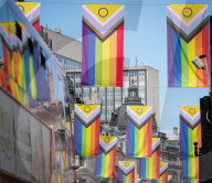 100 Intersex-Inclusive Pride flags designed by Valentino Vecchietti installed above Regent Street , London, UK. 