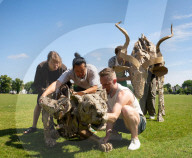 Life-size puppets of wild animals rehearse on the streets of London for the launch of The Herds  a new project from the team behind “Little Amal” at Wimbledon College of Arts, Wimbledon, London, UK.