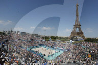 Beach volleyball by the Eiffel Tower at Olympics