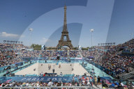 Beach volleyball by the Eiffel Tower at Olympics