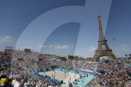 Beach volleyball by the Eiffel Tower at Olympics
