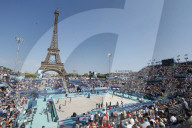 Beach volleyball by the Eiffel Tower at Olympics
