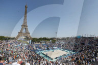 Beach volleyball by the Eiffel Tower at Olympics