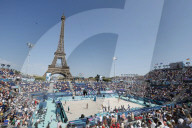 Beach volleyball by the Eiffel Tower at Olympics
