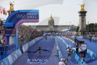Cassandre Beaugrand of France crosses the line to win gold in the women’s individual triathlon