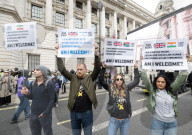 Protestors from Unite Against Racism's  counterprotest National Demo Stop Tommy Robinson - Stop the Far Right - supported by many Unions in Whitehall, Westminster, London, UK.