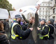Protestors from Unite Against Racism's  counterprotest National Demo Stop Tommy Robinson - Stop the Far Right - supported by many Unions in Whitehall, Westminster, London, UK.