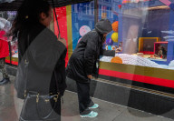 Macys of San Francisco festures adoptable kittens in their Christmas window displays