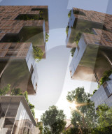 Buildings look like a single high rise pulled apart to make two