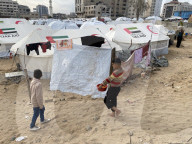 Displaced Palestinian families living in tent city