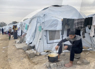 Displaced Palestinian families living in tent city
