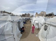 Displaced Palestinian families living in tent city