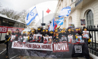 Hostage Families rally at three London embassies on World Human Rights Day in plea for intervention in releasing the 100 hostages held in Gaza, London, UK.