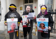 Hostage Families rally at three London embassies on World Human Rights Day in plea for intervention in releasing the 100 hostages held in Gaza, London, UK.