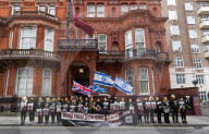 Hostage Families rally at three London embassies on World Human Rights Day in plea for intervention in releasing the 100 hostages held in Gaza, London, UK.